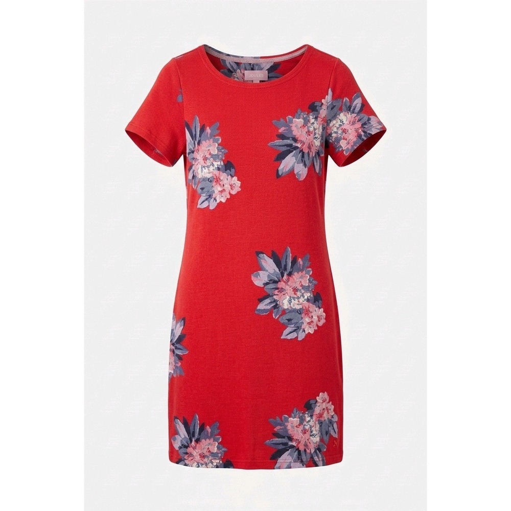 Joules Red Floral T-Shirt Dress Short Sleeve Jersey Shift Mini US 2 UK 6‎